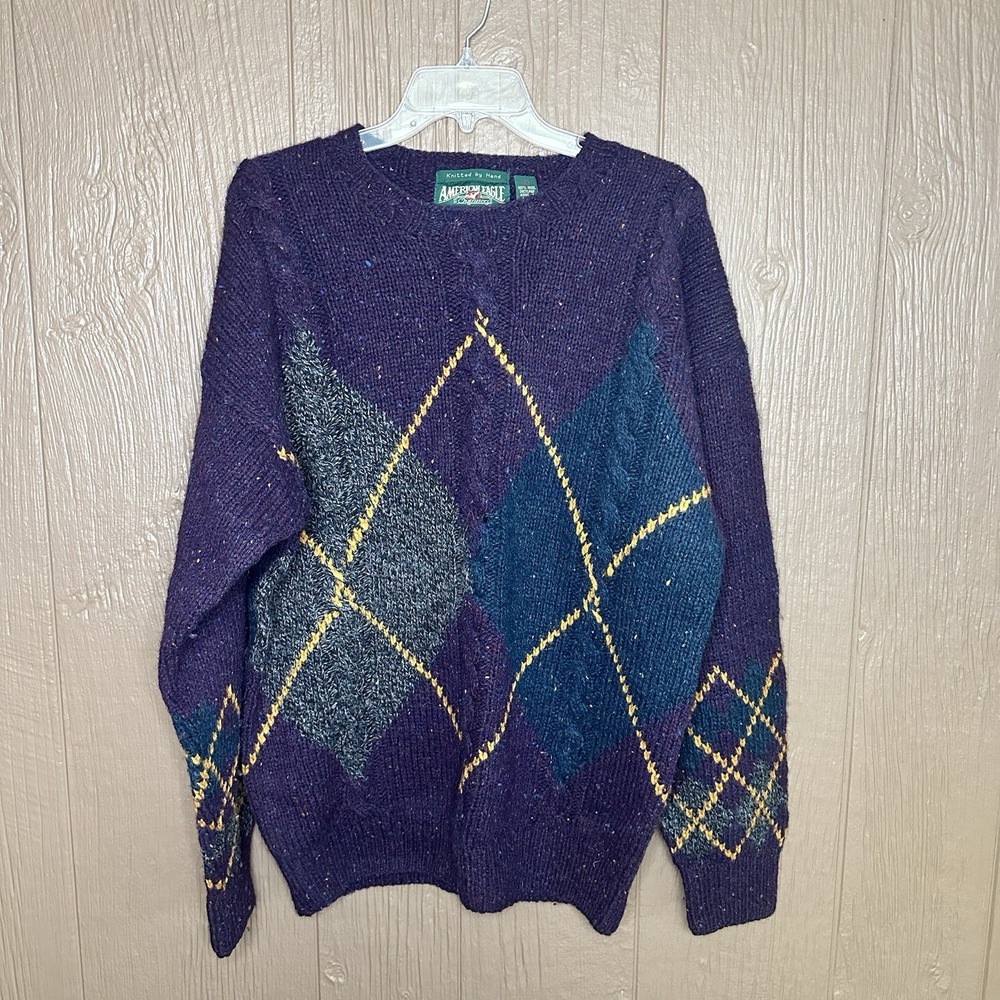 Vintage American Eagle Hand Knit 100%‎ Wool Crewneck Sweater Size L Heavyweight